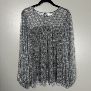 Max Studio Women's Boho Peasant Gray & Blue Printed Top - Size Medium - Sheer